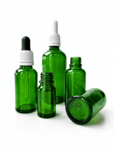 YB Green Glass Essential Oil Bottle formats shown with open necks and pipette droppers.