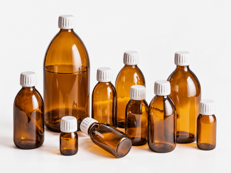 YB Amber oral liquid glass bottles in different sizes with white screw caps