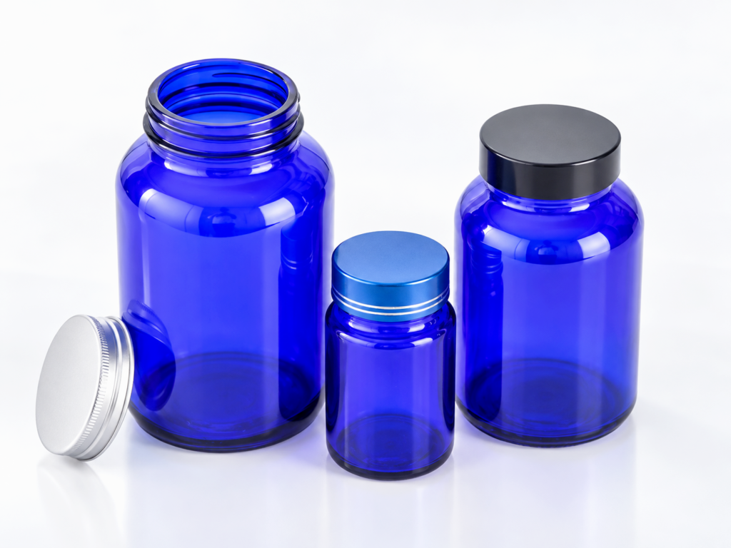 YB Blue wide-mouth glass capsule bottles with black and silver caps