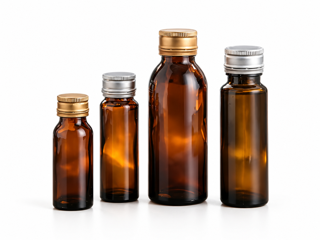 YB Four amber oral liquid glass bottles with gold and silver caps
