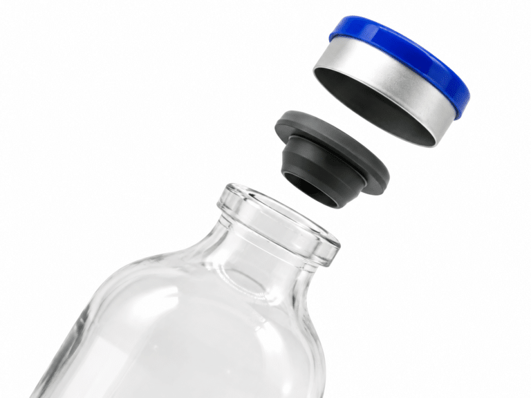 YB Glass infusion bottle with separate rubber stopper and blue and silver overseal