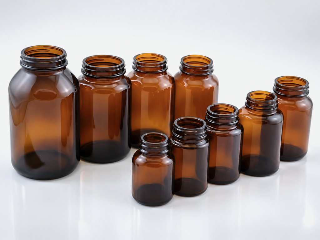 YB Open amber wide-mouth glass capsule bottles in different sizes